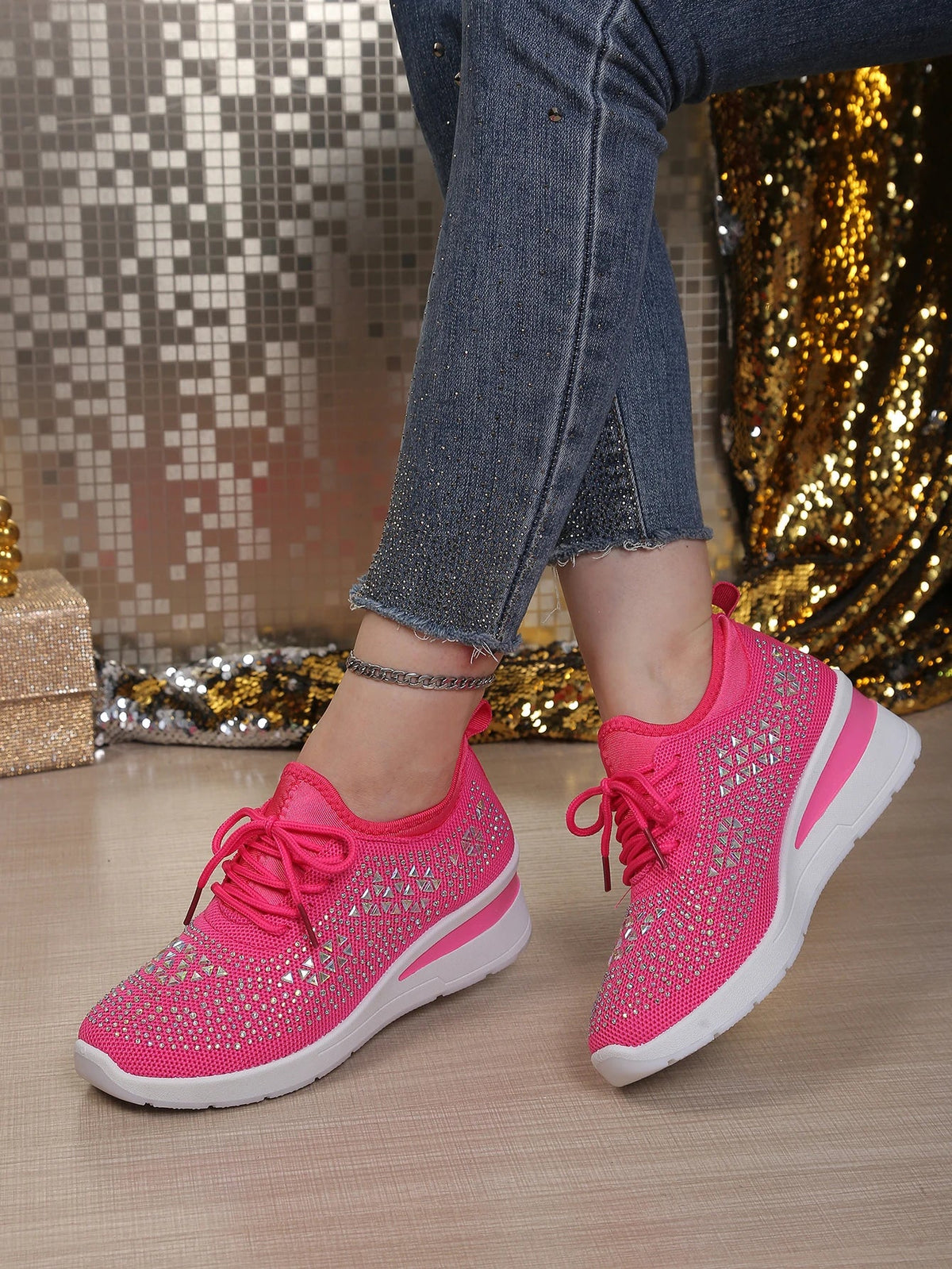 Women's Rhinestone Embellished Knit Mesh Wedge Sneakers, Adjustable Lace-Up Closure, Daily Walking Casual Footwear
