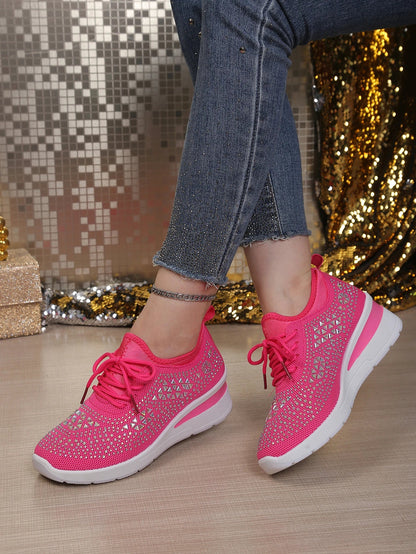 Women's Rhinestone Embellished Knit Mesh Wedge Sneakers, Adjustable Lace-Up Closure, Daily Walking Casual Footwear