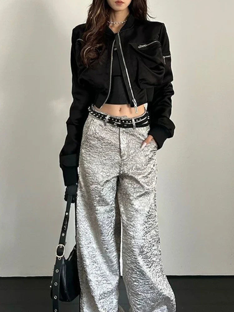 Y2k Bomber Jacket Women Baseball Jersey Jacket Zip Cropped Coat High Waist Spring Autumn Long Sleeve Outerwear Trend Tops Black