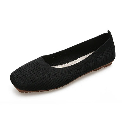 Women Leisure Flats Summer Autumn Flat Shoes Breathable Knitted Square Toe Slip-on Female Daily Walking Driving Loafers