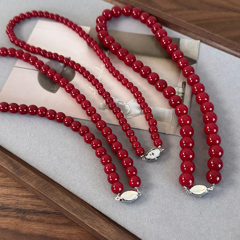 Handmade Vintage Chinese Style Glass Bead Necklace with Antique Red Glass Beads and Gold Coin Closure, Versatile Neckpiece