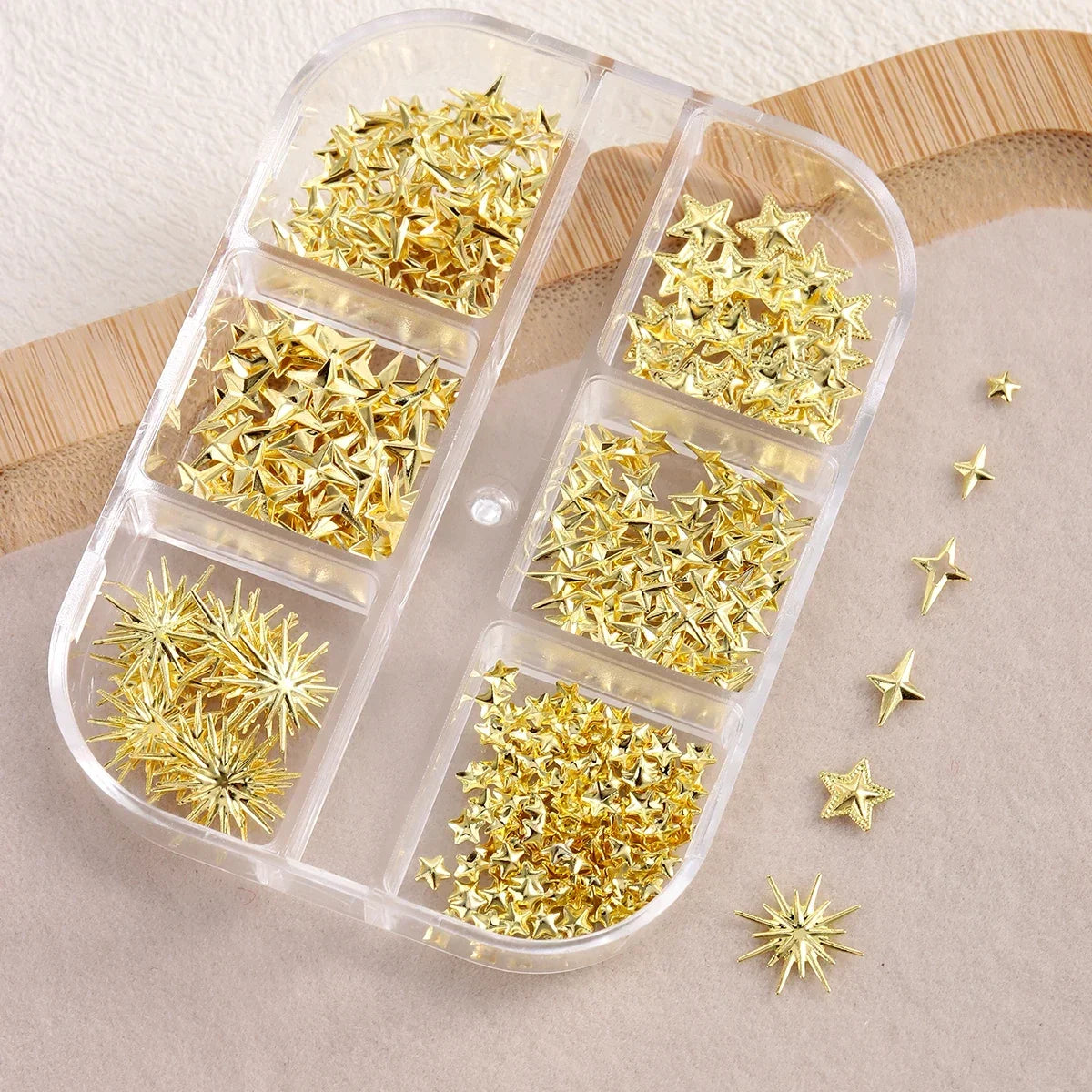 6/12Grids Gold Star Moon Metallic Rivet 3D Nail Charms Alloy Sun Moon Starlight Rhinestones Nail Studs For Nail Art Decoration