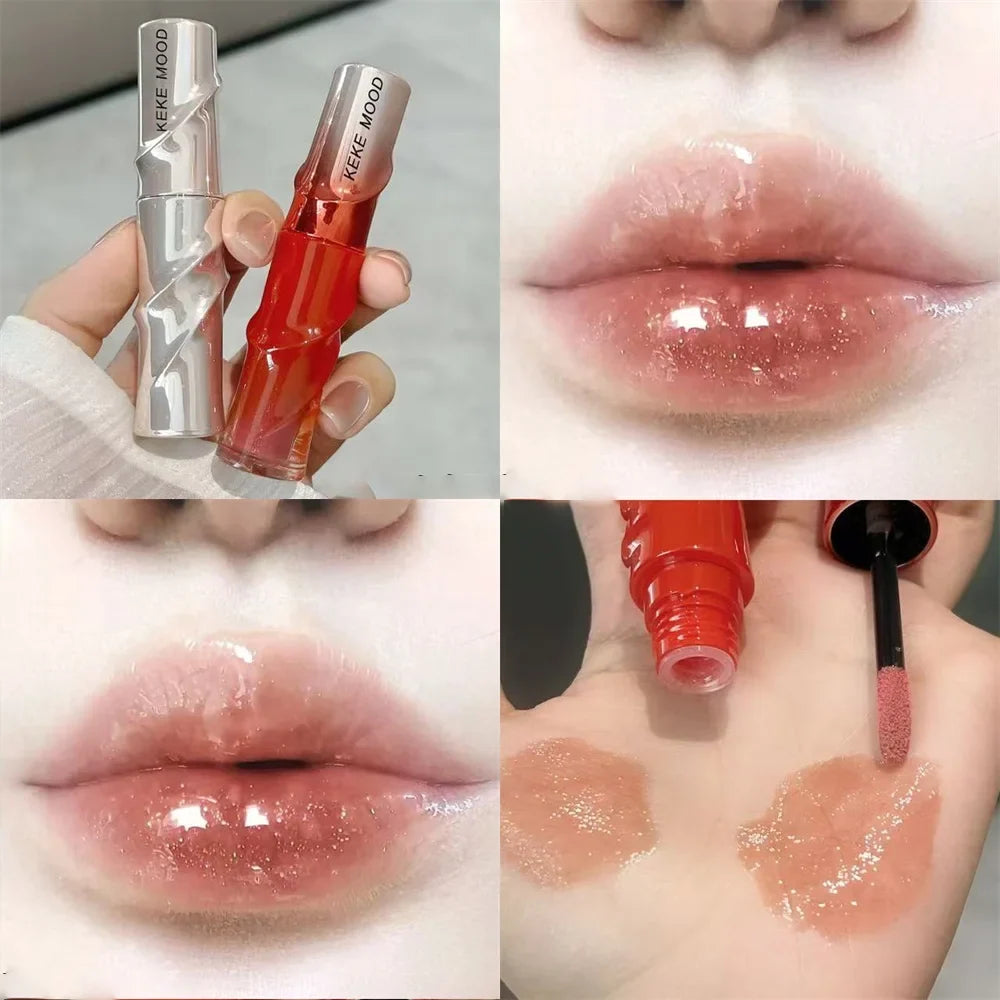 Crystal Nude Gray Glossy Lip Stain Mirror Korean Lip Glaze Sheer Nude Glitter Lip Tint Watery Shine Plumping Lipgloss Cosmetics