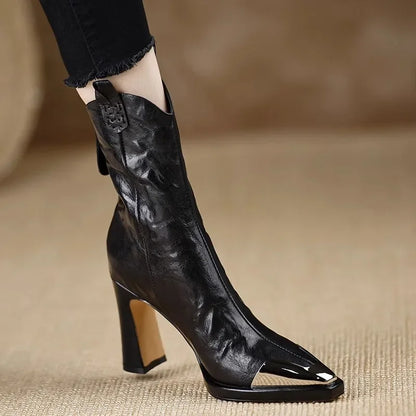 2024 New Metal Square Toe Ankle Boots for Women Fashion Patent Leather Women's Shoes Botas Mujer High Heels Shoes Women Zapatos