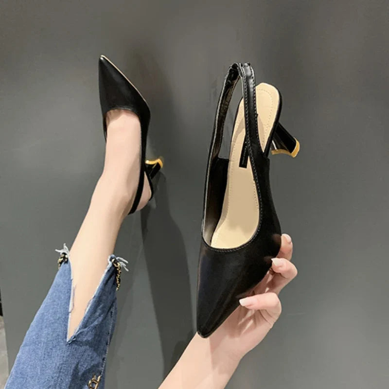 Summer Fashion New Breathable Pointed Toe Stiletto Heel PU Comfortable and Elegant Women's Shoes Shallow Mouth Sexy Sandals
