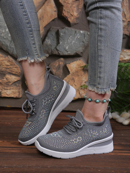 Women's Rhinestone Embellished Knit Mesh Wedge Sneakers, Adjustable Lace-Up Closure, Daily Walking Casual Footwear