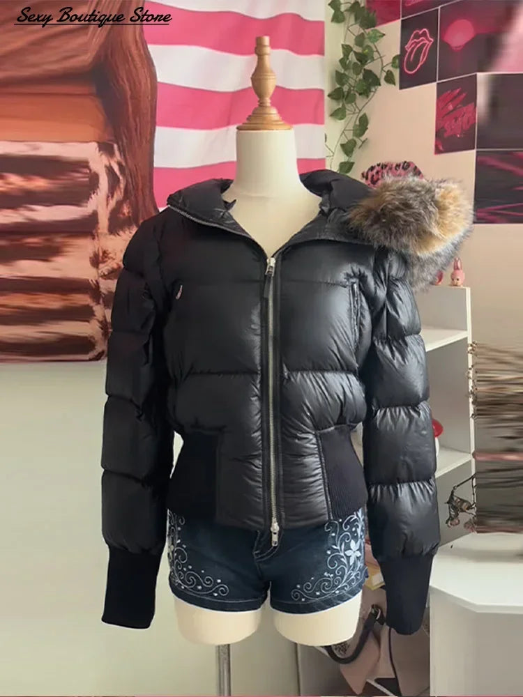 Y2K Retro Slim Women's Autumn and Winter Title Seamed Cotton Jacket Faux Fur Collar Long Sleeve Jacket 2025 New Jacket