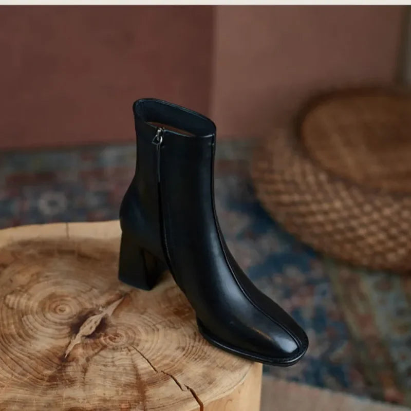 2024 Autumn and Winter New Fashion Square Head Retro High Thick Heel Side Zipper Skinny Short Boots Women's All-match Nude Boots