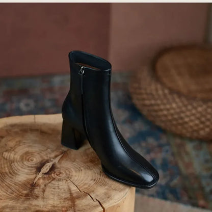 2024 Autumn and Winter New Fashion Square Head Retro High Thick Heel Side Zipper Skinny Short Boots Women's All-match Nude Boots