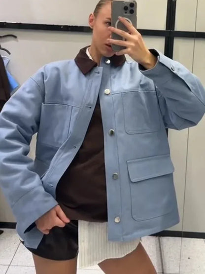 Women Blue Casual Multiple Patch Pocket Jacket Chic Corduroy Collar Single Breasted Short Coat 2026 Lady Daily Spring Wear New