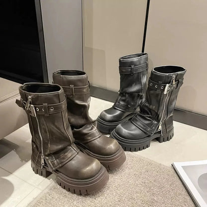 2025 Winter Women Biker Boots Fashion Belt Buckle Ladies Elegant Platform Long Pipe Booties Casual Women's Knee High Booties