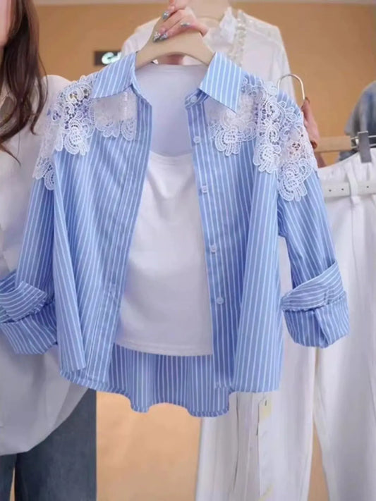 Lace Hook Splicing Polo Neck Striped Women Shirt Spring New Loose Jacket Top