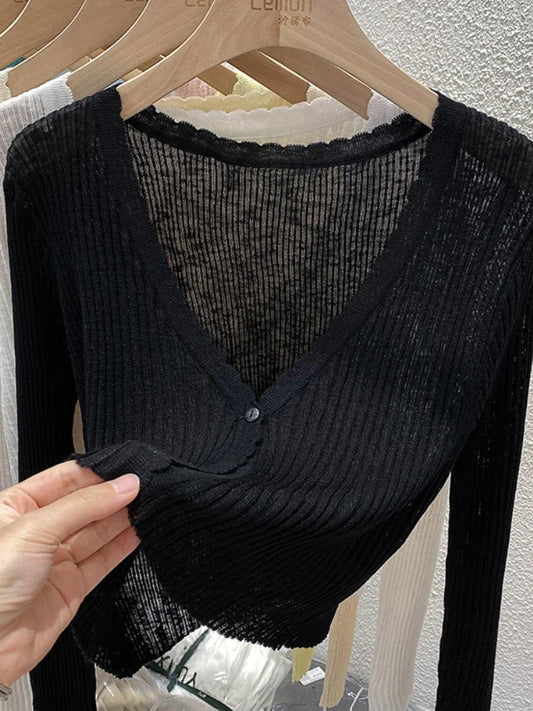 Summer Short Ice Silk Knitted Sun Protection Cardigan Women's Thin Suspender Skirt Layered Gauze Jacket Air-conditioned Cover Up