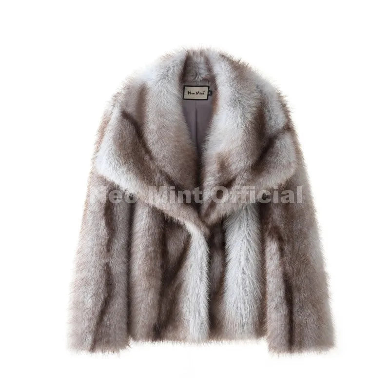 Neo Mint 2025 Winter Exclusive Striped Faux Fur Jacket Women Overcoat Brand Blogger Fashion Fluffy Fox Fur Collar Coat Outerwear