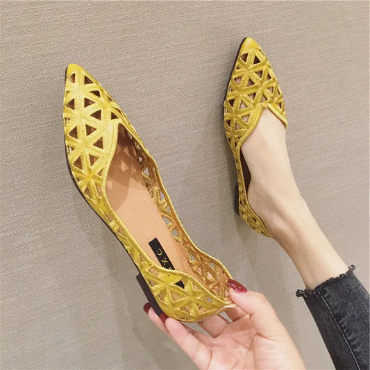 Flat Shoes Women 2026 Summer Pointy Joker Hollow Leisure Commuter Flat Spring Elegant Women's Shoes Breathable Hole Shoes