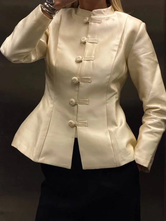 Elegant White Chinese Buttoned Jacket Women Full Sleeve Waist Cinching Single Breasted Short Coats 2026 Lady Daily Outwear