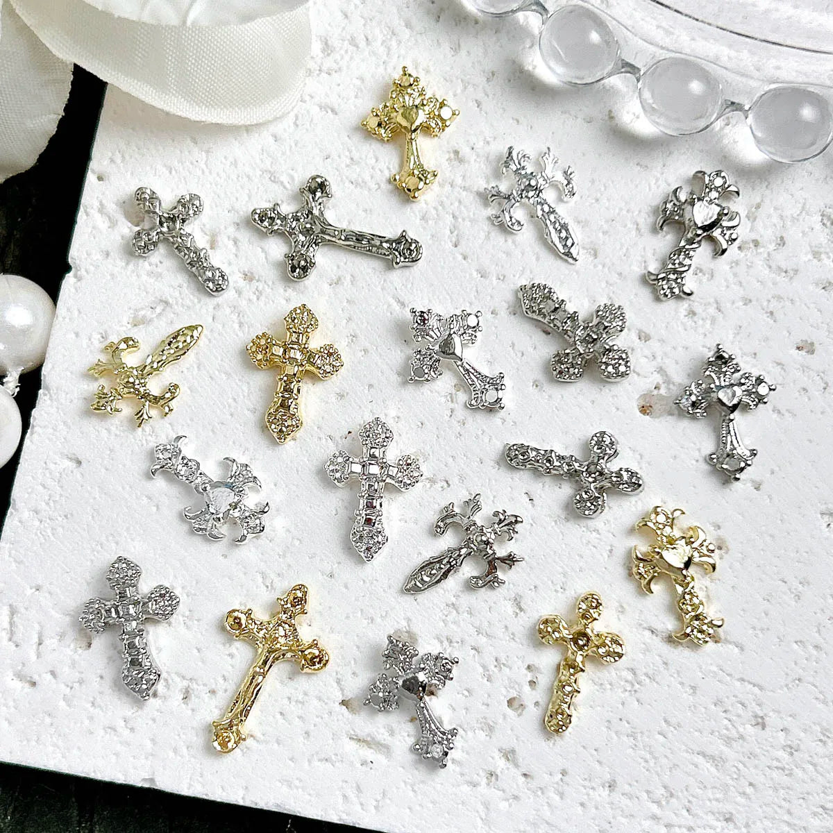 20PCS 3D Light Luxury Classic Cross Nail Charms Creative Exquisite Retro Alloy Cross Nail Art Decorations for DIY Cool Manicure