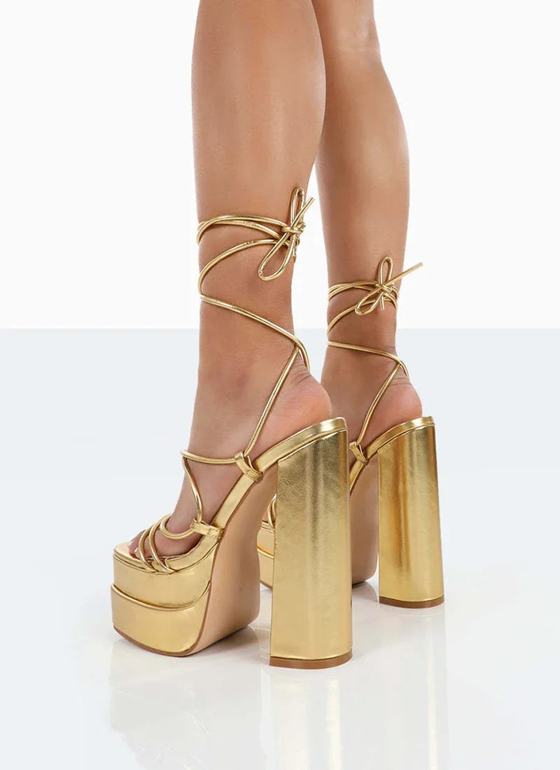 FF2025 New Fashion Solid Colored Cross-tied Heels Supper High Platform Dressing Sandals Peep-toe Square Heel Summer Footwear
