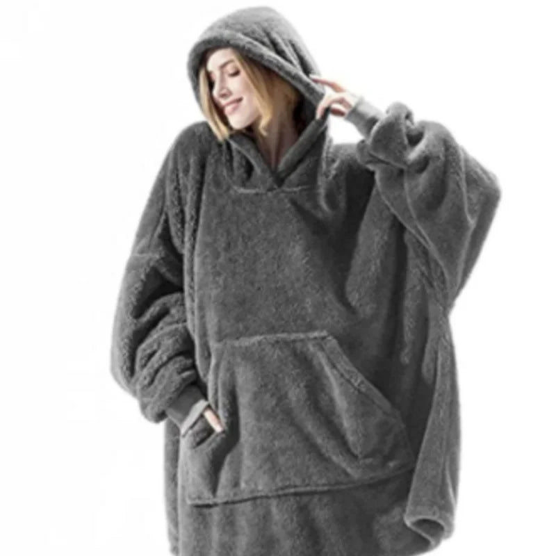Winter Warm Unisex Double-faced Fleece Hooded Sweatshirts Casual Loose Long Thicken Pocket Pullover Batwing-sleeved Home Clothes