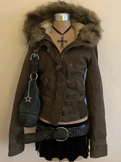 Subculture Harajuku Vintage Safari Coats with Hooded Women Zipper Sweatshirts Casual Streetwear Grunge Jacket Y2k Stand Neck