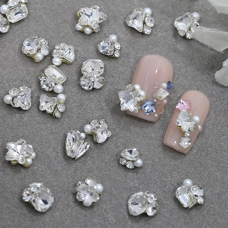 10pc Flash Mini Nail Art Diamond Pile Accessories White Heart Butterfly Fat Square Snowflake Nail Charms DIY Nail Art Decoration
