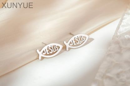 Vintage Stainless Steel Fish Shape JESUS Earrings Christian Symbol Jesus Ear Studs Fish Pendant For Unisex