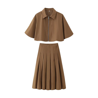 Women's Autumn New Short Zipper Jacket Short Sleeved Top High Waisted Pleated Lantern Flower Bud Half Skirt Set