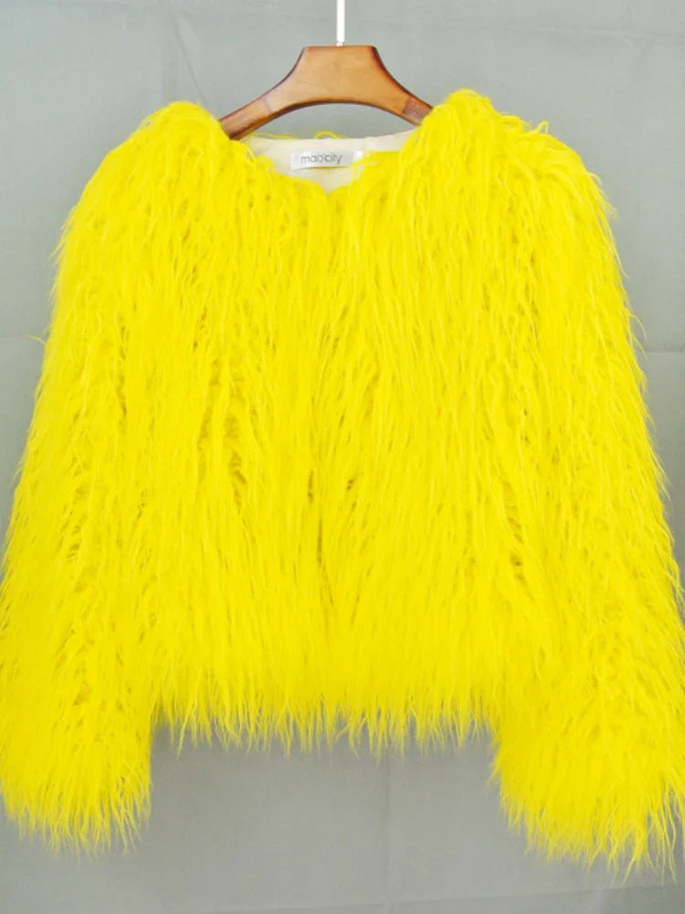 Colorful Warm Faux Women Fur Coat  Black White Pink Plush Coat Female Jacket Fur Autumn Winter Shaggy Outerwear High Street 2025