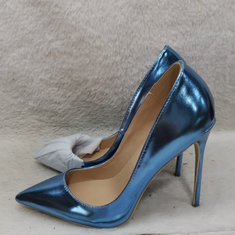 Pink Metallic Leather Woman High Heel Shoes Pointed Toe Shallow Stiletto High Heels Pumps Slip-on Polished Leather Runway Shoes