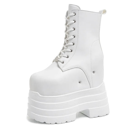 Height Increasing Women's High Boots Black Leather Thick Bottom Platform Shoes Side Zip Gothic Punk Short Boots Street Style