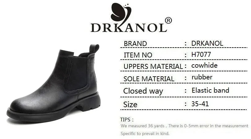 DRKANOL Fashion Women Thick Heel Ankle Boots Autumn Winter Warm Shoes Round Toe Real Cowhide British Style Slip On Chimney Boots