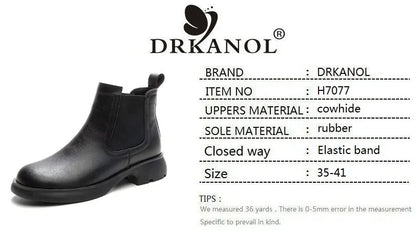DRKANOL Fashion Women Thick Heel Ankle Boots Autumn Winter Warm Shoes Round Toe Real Cowhide British Style Slip On Chimney Boots