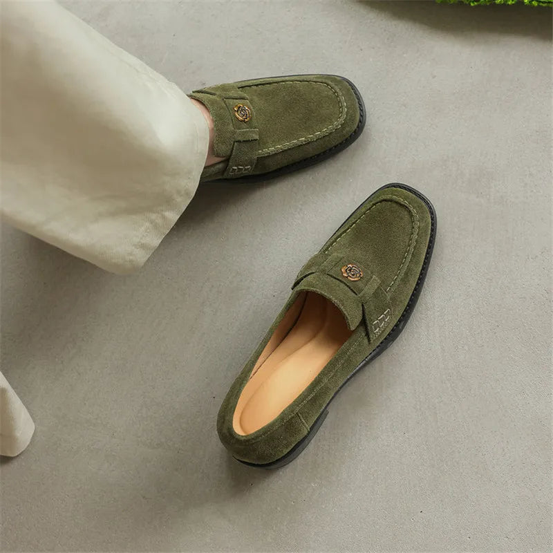 New Spring/Autumn Cow Suede Women Shoes Fashion Retro Square Toe Shoes for Women Mid Heels Women Pumps Handmade Green Loafers