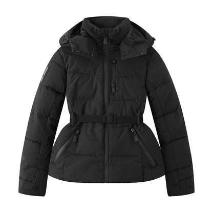 Women's Winter Hooded High Waist Padded Sport Parkas Coats with Belt Female Elegant Thick Warm Pockets Windproof Skiing Jackets