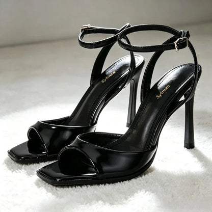 Black Sexy Heels Women Summer Elegant Party Dress Sandals Fashion Square Toe Naked Strap Designer Thin Heels Pumps Zapatos Mujer