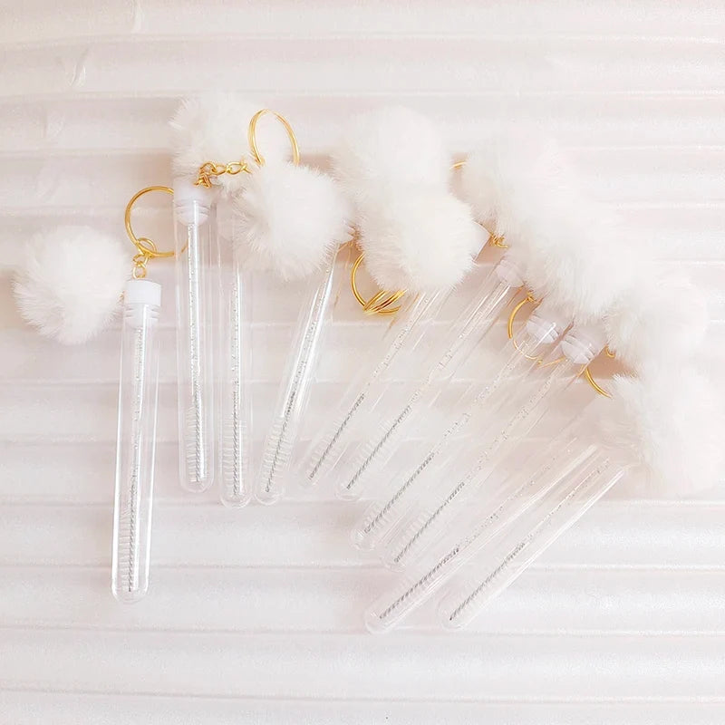 10pcs Eyelash Eyebrow Brush With Hairball Keychain Mascara Wand Reusable Lash Extension Clear Micro Comb Container Makeup Tool