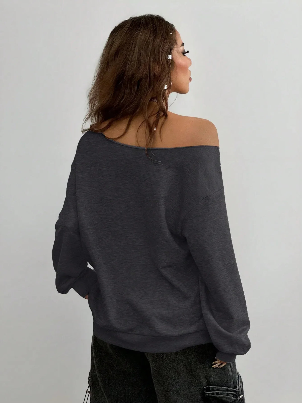 Casual Basic Knitted Single Shoulder Loose Long Sleeve Grey Sports Shirt Long Top Comfortable Loose Fit Grey Knitwear