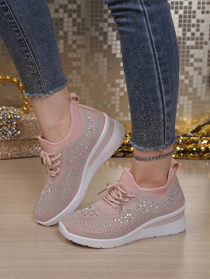 Women's Rhinestone Embellished Knit Mesh Wedge Sneakers, Adjustable Lace-Up Closure, Daily Walking Casual Footwear