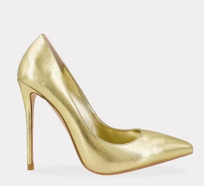 Pink Metallic Leather Woman High Heel Shoes Pointed Toe Shallow Stiletto High Heels Pumps Slip-on Polished Leather Runway Shoes