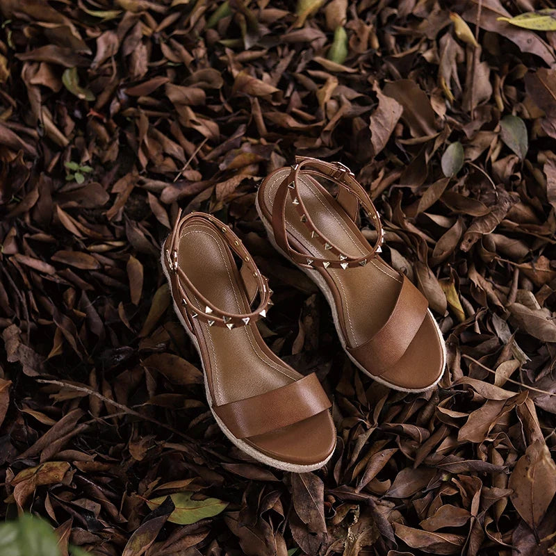 Women's genuine leather hemp wedge platform high heel ankle strap sandals open toe narrow band summer heels pumps daily shoes