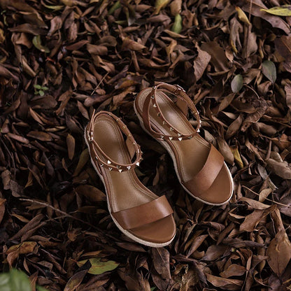 Women's genuine leather hemp wedge platform high heel ankle strap sandals open toe narrow band summer heels pumps daily shoes