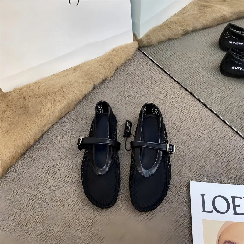 Women's Mary Jane Flats 2026 New Hollow Out Mesh Breathable Fishnet Ankle Strap Casual Summer Sandals