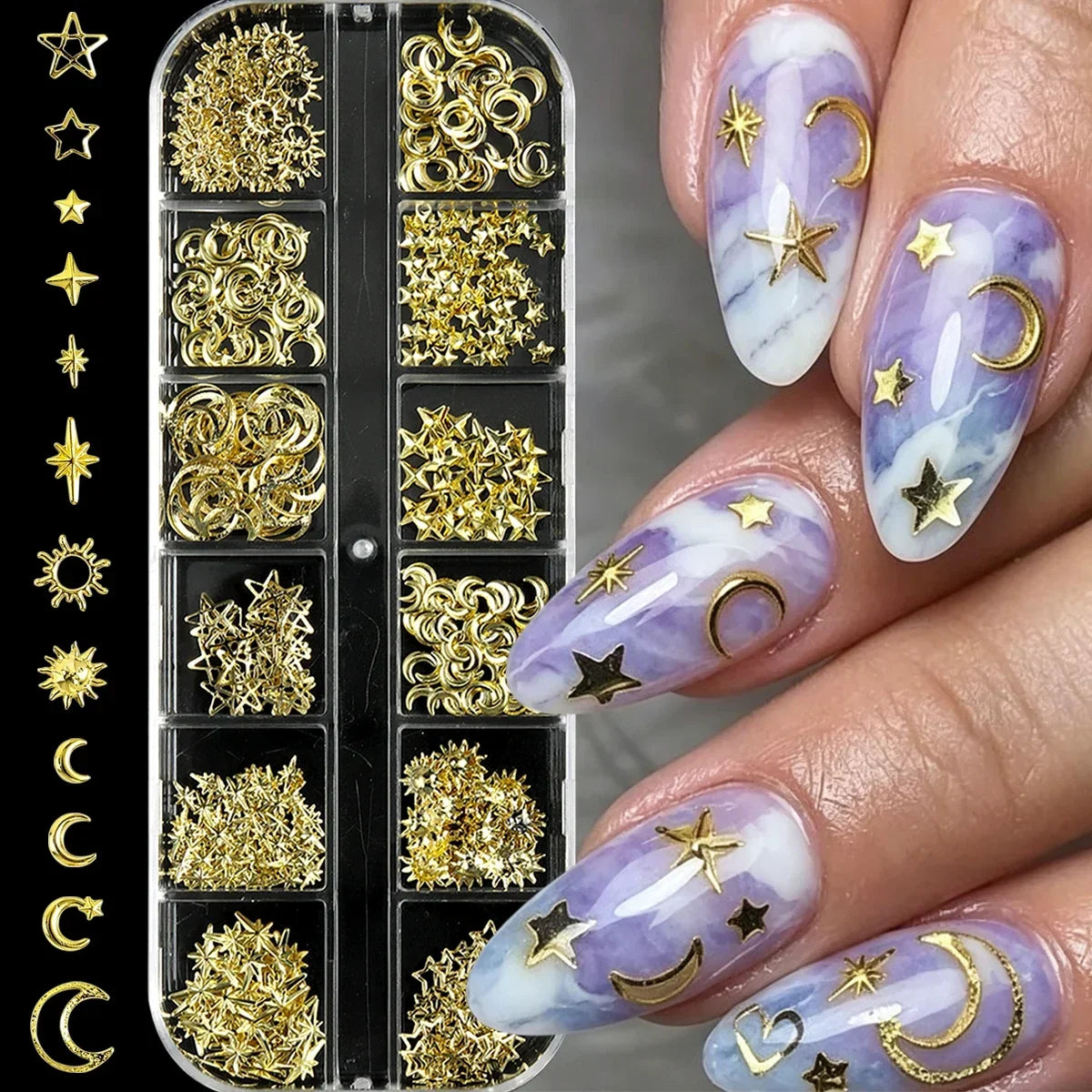 6/12Grids Gold Star Moon Metallic Rivet 3D Nail Charms Alloy Sun Moon Starlight Rhinestones Nail Studs For Nail Art Decoration