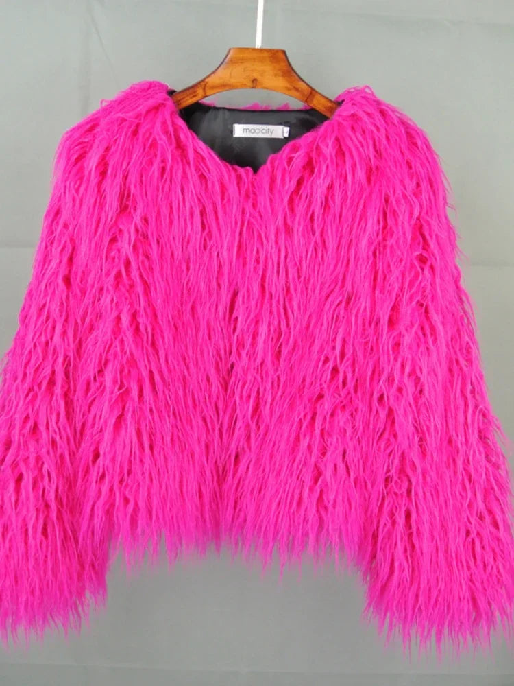 Colorful Warm Faux Women Fur Coat  Black White Pink Plush Coat Female Jacket Fur Autumn Winter Shaggy Outerwear High Street 2025
