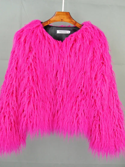 Colorful Warm Faux Women Fur Coat  Black White Pink Plush Coat Female Jacket Fur Autumn Winter Shaggy Outerwear High Street 2025