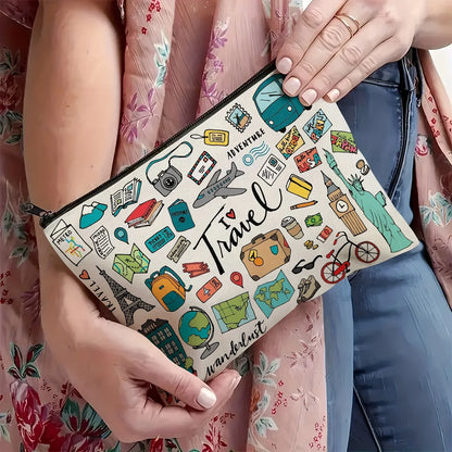 1 Travel-Themed Illustrated Makeup Bag - Multifunctional Zipper Pouch for Women, Jewelry Storage Bag, Perfect Travel Zipper Organizer, Fun Birthday Gift