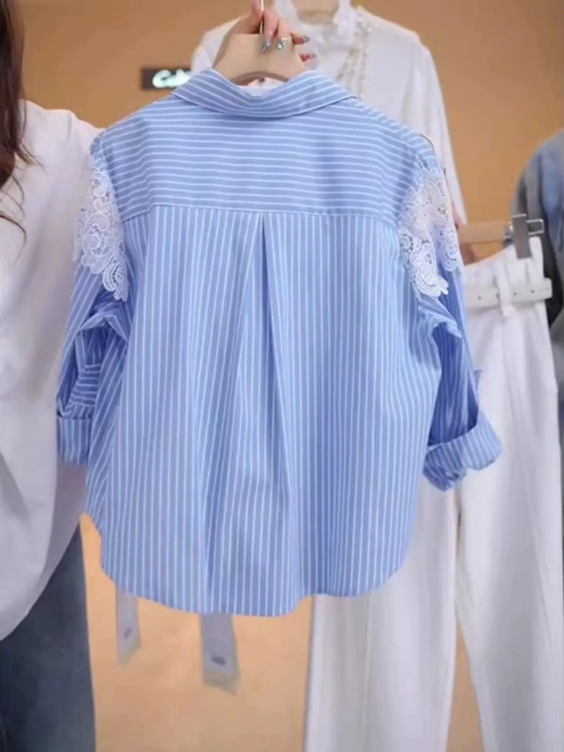 Lace Hook Splicing Polo Neck Striped Women Shirt Spring New Loose Jacket Top