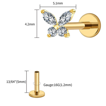 Right Grand ASTM F136 Titanium 16G Mini Butterfly CZ Labret Tragus Cartilage Conch Forward Helix Stud Nose Piercing Body Jewelry