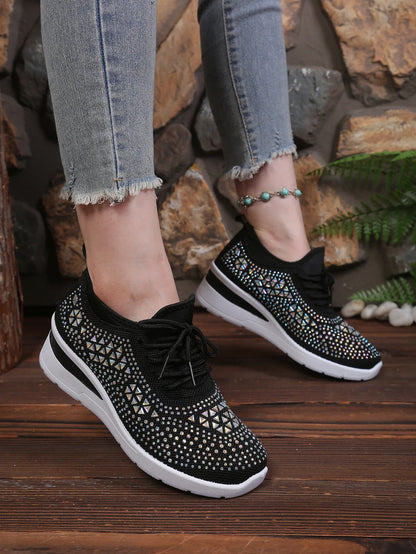 Women's Rhinestone Embellished Knit Mesh Wedge Sneakers, Adjustable Lace-Up Closure, Daily Walking Casual Footwear