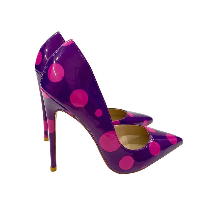 Veowalk Polka Dot Women Purple D'Orsay Side Cut Pointed Toe Stiletto Pumps Comfortable Elegant 8cm 10cm 12cm High Heel Shoes